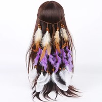 Accessoire de cheveux ethnique bohème indien coloré, bandeau tissé en plumes, coiffe