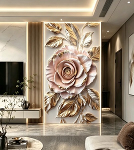 Nordic Style 3D Wall Art Sticker Creative Gold Edge Flower Mural Easy to Install Peel and Stick <strong>Wallpaper</strong> for <strong>Entryway</strong>/Hallway - Product Image 6