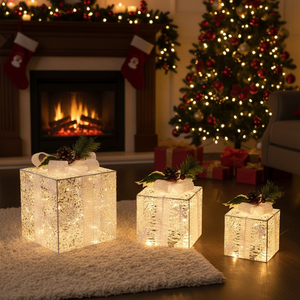 Set of 3 <b>Christmas</b> Lighted Gift <b>Boxes</b> Battery Operated Warm White LED Bows Xmas <b>Present</b> <b>Boxes</b> <b>Christmas</b> Decorations for Party - Product Image 3