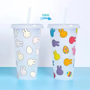 Nieuwkomer Pasen Kleur Veranderende Cup Bunny Cup Voor Kinderen Feest Decoratie Frosted Pp Plastic Herbruikbare Melk Koffie Tumbler