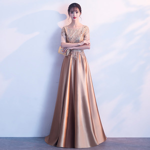 Elegant Gold Long Satin Evening <b>Dress</b> Scoop Neck <b>A</b>-<b>Line</b> Empire Waist For Hostess Choir Performances - Product Image 2