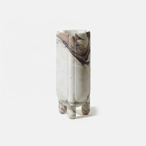 Vase De Table De Flore En Marbre De Calacatta Sculpté À La Main Et Pot De Fleur Surface Aiguisée - Product Image 1
