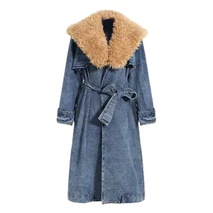 Bettergirl Customize Detachable Fur Collar Silhouette Vintage Loose Women's Coats Denim Jacket Long Coat For Women