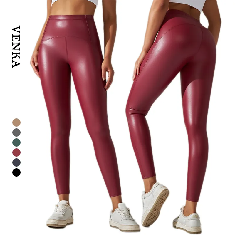 Celana ketat berkilau celana kulit Pu wanita kustom pinggang tinggi Fitness warna Solid ketat elastis ramping kurus seksi olahraga Yoga Legging