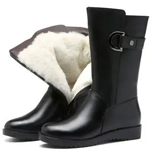 Botas de invierno para mujer, botas largas de tacón alto de cuero genuino para mujer, botas de nieve cálidas con forro polar, zapatos de moda para mujer