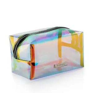 Stok su geçirmez şeffaf pvc çanta düzenleyici gökkuşağı promosyon makyaj fermuarlı temizle yıkama tuvalet holografik çanta