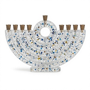 Ménorah de Hanouka en résine, porte-bougies à 9 branches, décoration juive moderne, design bleu et or moucheté - Product Image 1