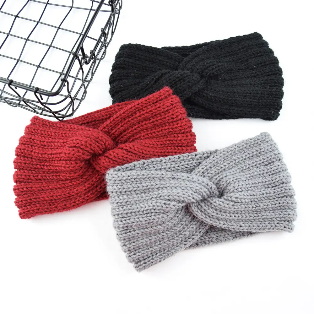 Inverno chique sólido atado Crochet malha Headband turbante orelha quente do mulheres