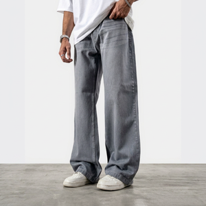Jean en denim délavé coupe large pour homme, taille mi-haute, style décontracté, en coton, idéal pour l'automne - Product Image 1