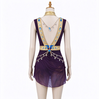 Robe de patinage sans manches pour enfants et adultes, violet foncé, avec bordure dorée et chaîne de strass au dos, pour compétition et spectacle de patinage artistique