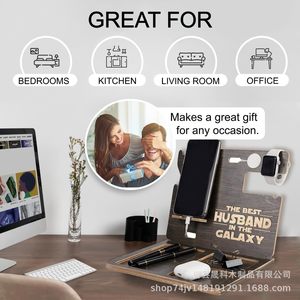 Wooden Phone Docking Station 24x19x20cm <b>Desk</b> Organizer With Wallet Earphone Key Holder For Husband Gift - Product Image 3