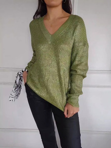 Custom <strong>Womens</strong> Lightweight v Neck Sweater Long Sleeve Metallic Shimmer V Neckline Sweater V Neck Metallic Sweaters - Product Image 6