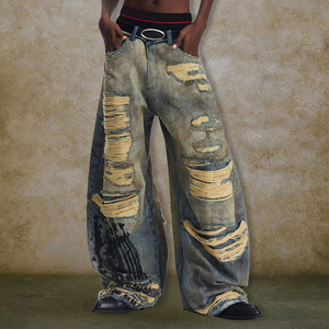 YUCE - Jeans Anchos Retro <span class=keywords><strong>de</strong></span> Mezclilla Gruesa al por Mayor, Jeans <span class=keywords><strong>de</strong></span> Mezclilla <span class=keywords><strong>de</strong></span> Alta Calidad con Lavado Vintage, Rotos, Estilo Urbano para Hombre - Product Image 4