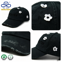 Gorras de Béisbol de Algodón Premium con Etiqueta de Logotipo Personalizada, Estilo Diseñador con Flores Desgastadas, MOQ Bajo, para Uso Unisex en Viajes