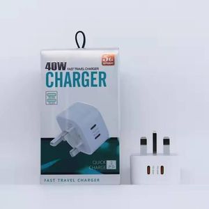 UK <b>Plug</b> 40w Fast Charging PD <b>Type</b> <b>c</b> <b>Adapter</b> 3pin Socket Dual Usb <b>C</b> Wall Charger Power <b>Adapter</b> with Retail Box - Product Image 1