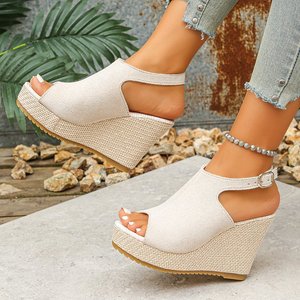 Sandalias de tacón alto para <span class=keywords><strong>mujer</strong></span> de talla grande, con plataforma gruesa, punta abierta, correa de esparto y hebilla - Product Image 2