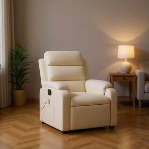 Cream Fabric <b>Massage</b> Recliner <b>Chair</b> With Remote Control One Seat Transitional Design Wood Frame Plastic Legs - Product Image 2