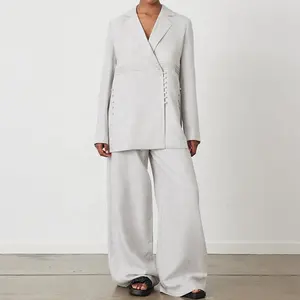 2023 Setelan Katun Linen Wanita Kustom Blus Polos Atasan Celana Kaki Lebar Kasual Longgar Dua Potong Celana Set