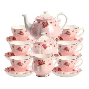 Luxury <b>Tea</b> Pot with 2 Cups and Saucer <b>Set</b> Fine Bone China Elegant Red Design for Afternoon <b>Tea</b> Party - Product Image 2