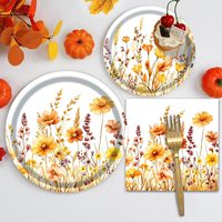 Assiettes et serviettes florales d'automne, vaisselle jetable à thème fleurs sauvages d'automne avec assiettes, serviettes et fourchettes pour anniversaire ou mariage d'automne