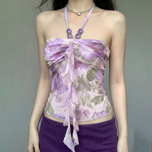 Haut Halter Perlé à Imprimé Floral pour Vacances à la Plage, Dos Nu en Maille, Coupe Ajustée avec Rubans, pour Femme - Product Image 2