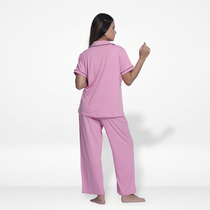 Conjunto de Pijama de Algodón Rosa para Mujer, Manga Corta, Cuello Peter Pan, Ropa de Dormir Clásica, Largo Completo, Suave, Transpirable, Cintura Elástica - Product Image 2