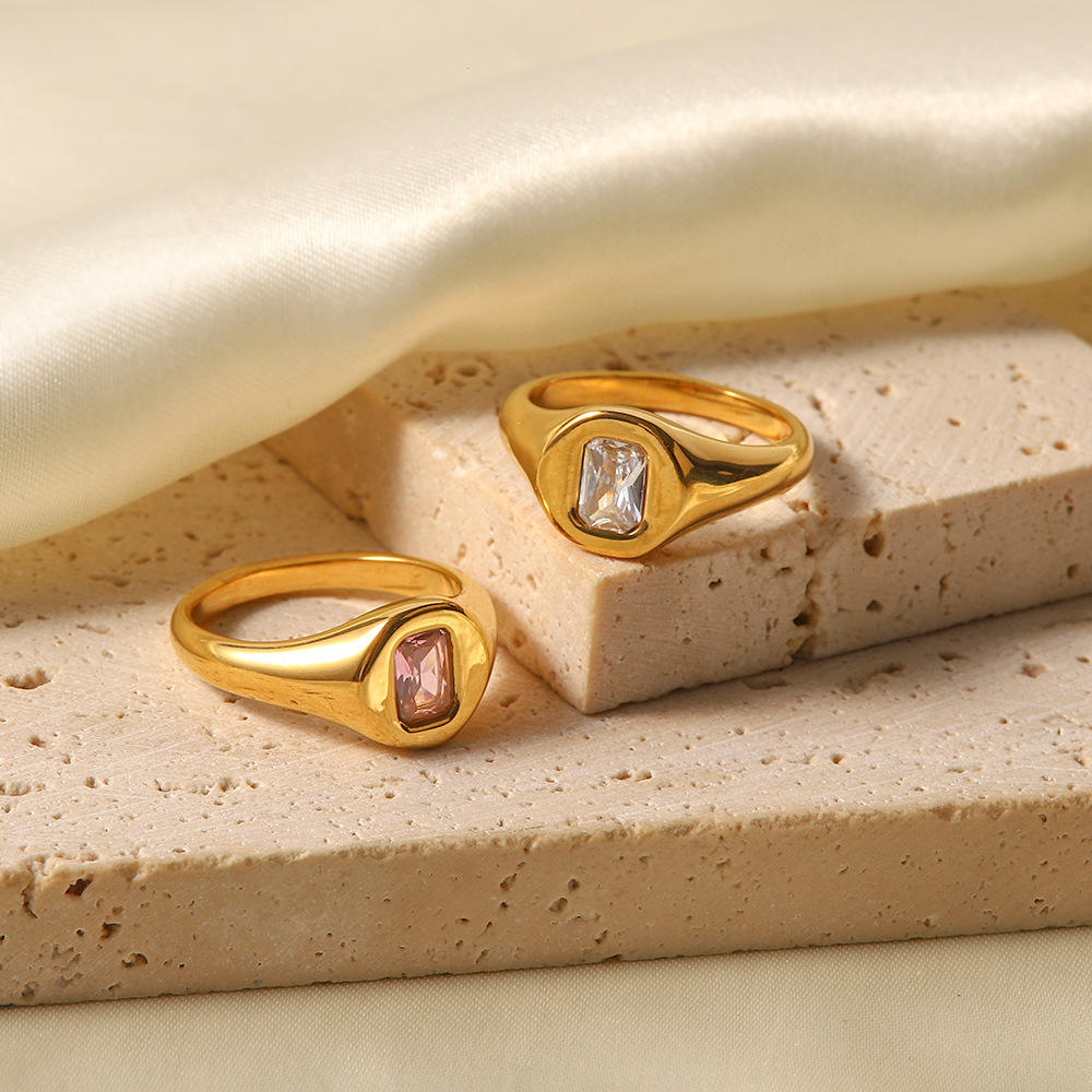 Crystal Jewelry Square Clear Pink Diamond Ring Gold Stainless