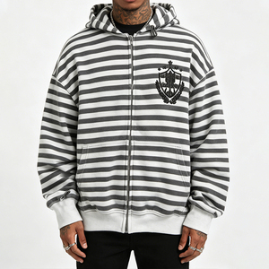Vêtements sur mesure, sweat à capuche oversize zippé pour homme, haute qualité, 100% coton, logo brodé, design imprimé rayé, fabricant de sweats à capuche - Product Image 4
