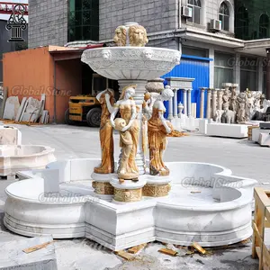 FANCY alta calidad mármol piedra mujer figura humana y León fuente escultura estatua para jardín al aire libre