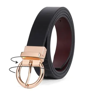 Women Reversible Genuine Leather Belts Rotatable Gold Belt Buckle For Ladies Dress Pants Jeans Designer Custom Belt