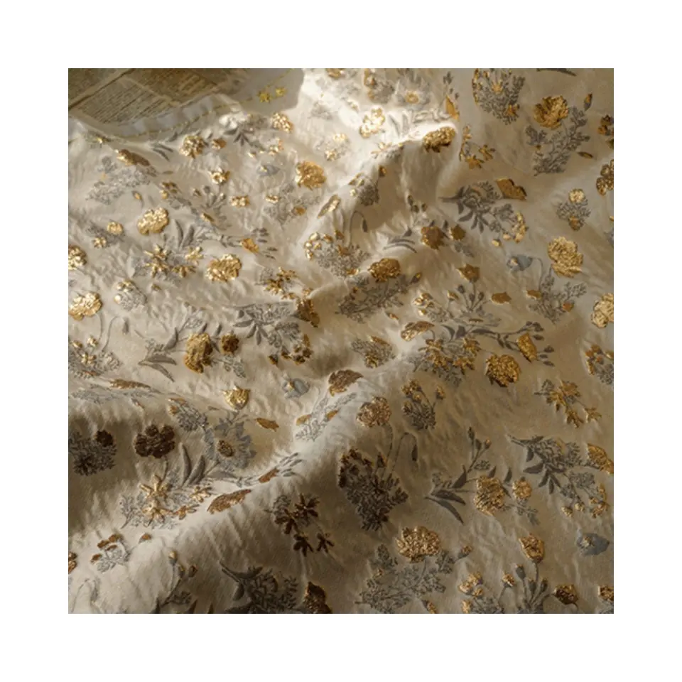 Brocade Fabric damask jacquard embossed flower garments fabric 3D plain gold silk flowers pattern