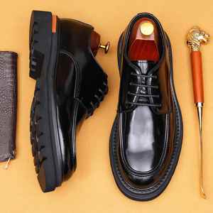 2025 New Arrival Men's Genuine Leather Shoes Chunky Sole British Business Casual Breathable Lace-Up Patchwork Wedding Shoes - Product Image 1