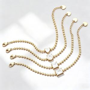 Bracelet en acier inoxydable plaqué or 18 carats avec chaîne à billes et breloques CZ (cœur, rond, carré) en zircone, anti-ternissement, hypoallergénique, pour <span class=keywords><strong>femme</strong></span>, vente en gros - Product Image 1