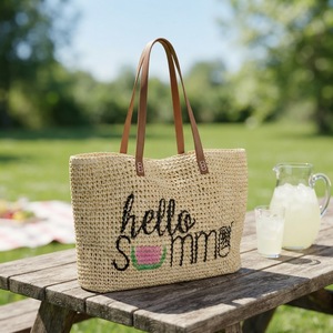 Borsa Shopper Grande Pieghevole in Paglia di Carta Unisex Stile Boho con Anguria, Fatta a Mano, per la Spiaggia - Saluti Estivi - Product Image 1