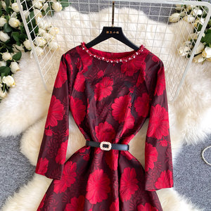 Abiti da Donna per Ufficio, <span class=keywords><strong>Vestito</strong></span> <span class=keywords><strong>Rosso</strong></span> Floreale con Cristalli, Linea A, <span class=keywords><strong>Maniche</strong></span> <span class=keywords><strong>Lunghe</strong></span>, Cintura, Elegante e Aderente, Primaverile - Product Image 3