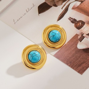 Boucles d'oreilles clous en acier inoxydable plaqué or 18 carats avec incrustation de turquoise bleue, design géométrique rond, bijoux de mode - Product Image 4