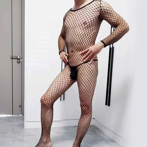 Men's <b>Fishnet</b> Bodysuit Black Nylon Spandex Mid Rise Sexy Underwear - Product Image 2