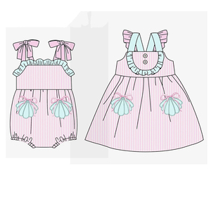 Précommande MOQ 5 Trendyism Boutique Robe Salopette d'Été pour Filles à Rayures Coquillage Imprimées, en Spandex Doux/Coton Biologique - Product Image 1