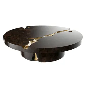 Chic burl wood gold inlaid table top round coffee table creative design art solid wood crack coffee center table for living room