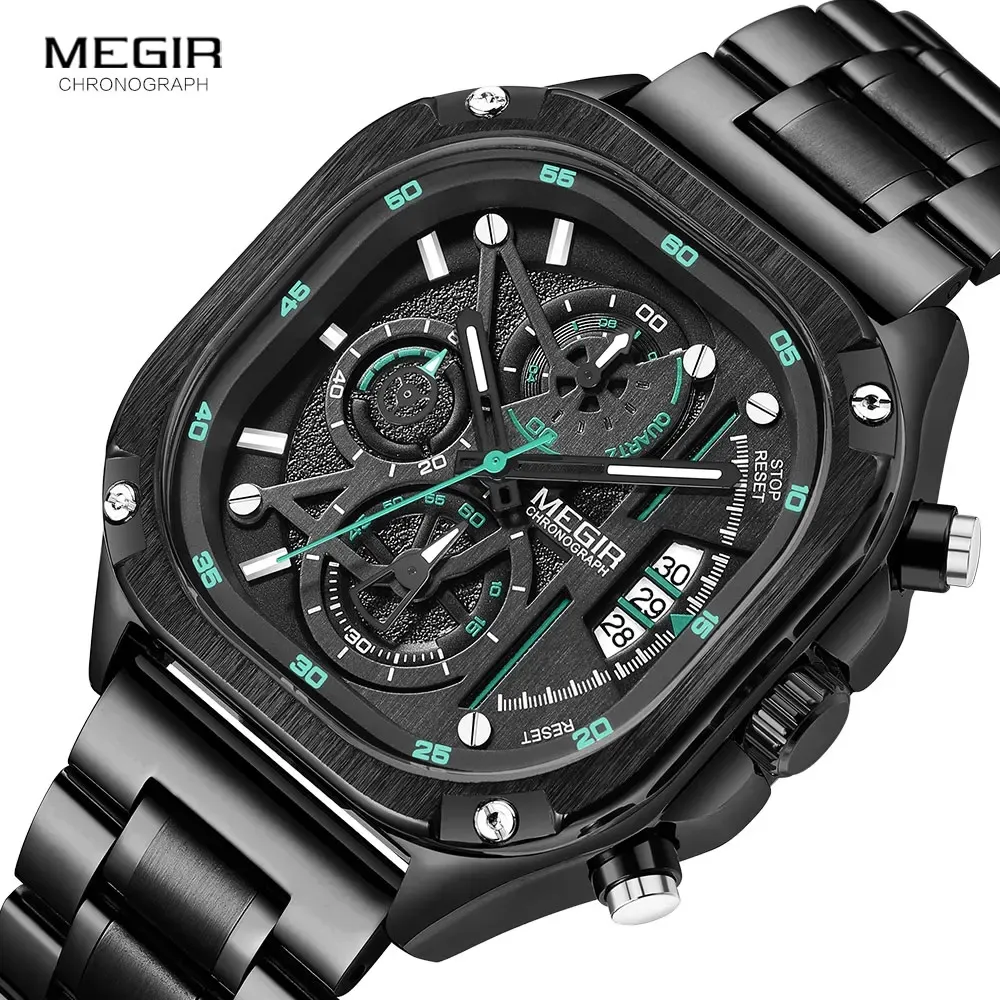 MEGIR2217ルミナスオートデイト男性時計スクエアダイヤルクォーツメンズウォッチファッションクロノグラフステンレススチールストラップメンズ腕時計