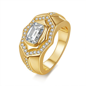 Women's 22k <b>Gold</b> Plated Moissanite <b>Cocktail</b> <b>Ring</b> Emerald Cut Bezel Setting Pave Diamond Geometric Luxury Design - Product Image 1