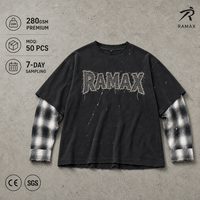 T-shirt Homme RAMAX Luxe Noir Délavé à l'Acide Superposé à Carreaux Manches Longues Broderie Patchwork Effet Usé Éclaboussures Oversize 50 PIÈCES