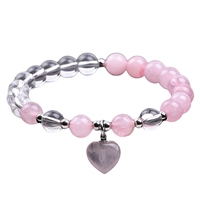 Bracelet de mode fait main en quartz rose 8MM avec perles de pierre naturelle et mots inspirants, motif cœur spirituel