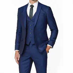 Jas wol berkancing sebaris Blazer biru dongker Slim fit klasik pabrikan profesional