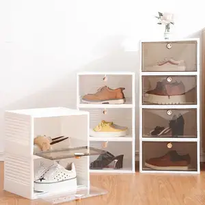 Cajas de zapatos de plástico acrílico transparente de tacón alto gigante OEM logotipo personalizado apilable superventas, cajas de zapatos de puerta abierta