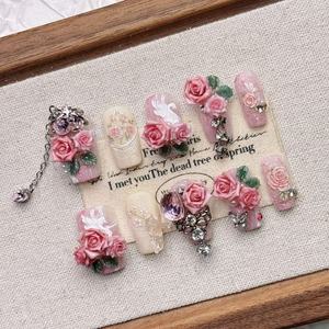 Venta al por mayor 10 piezas Premium 3D Rose <span class=keywords><strong>uñas</strong></span> artificiales puro hecho a mano acrílico Rosa-tono prensa en las <span class=keywords><strong>uñas</strong></span> - Product Image 1