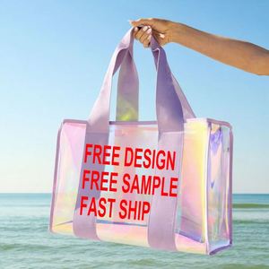 Sac de plage grand format personnalisé avec logo pour femmes, sac de plage imperméable et anti-chute, sac iridescent avec poche imperméable pour la piscine - Product Image 1