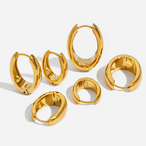 Huggie Earrings 18K Gold Stainless Steel O Shaped Geometric <b>Plain</b> Hoop Set Fashion Jewelry - Product Image 1