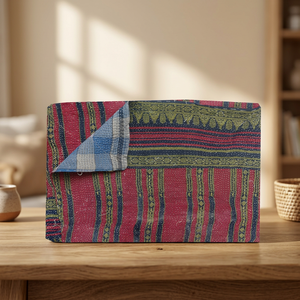 Traditional <b>Patchwork</b> Handmade Reversible Kantha Sari Cotton Fabric <b>Bedspread</b> - Product Image 2