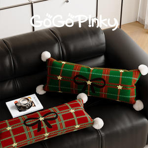 Slow Down <b>Christmas</b> Plaid Lumbar <b>Pillow</b> Oblong With Pom Poms Washable For Sofa Car Bedroom Decor - Product Image 1